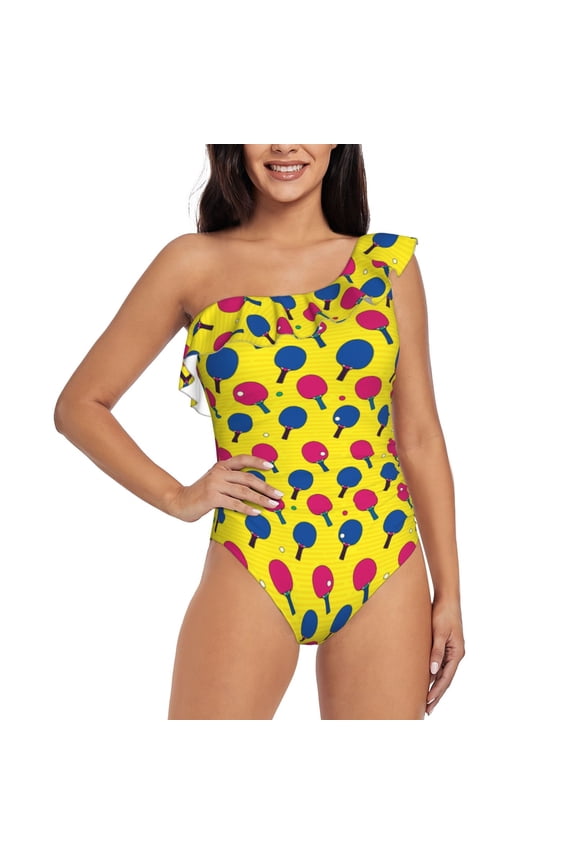 Colorful Ping Pong Pattern Women One Piece Swimsuits Tummy Control One Shoulder Bathing Suits Ruffle Swimwear-XX-Large