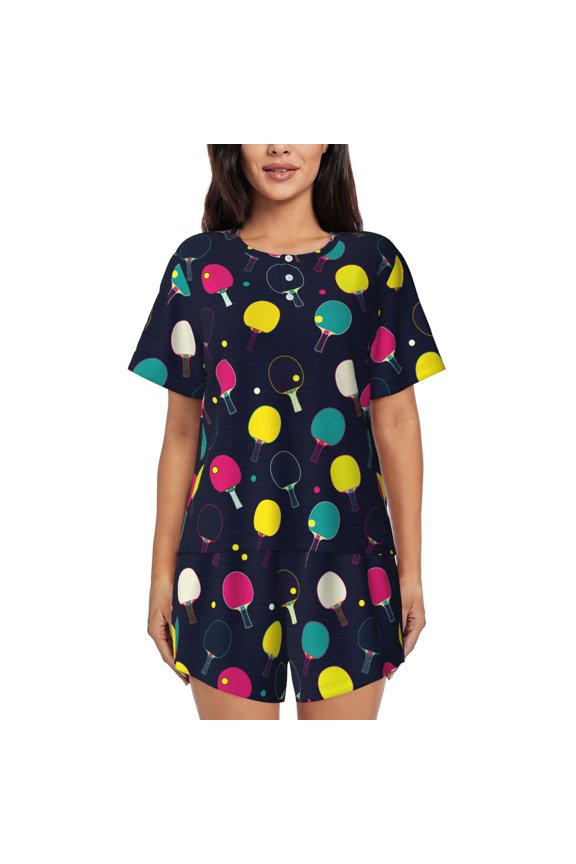 Colorful Ping Pong Rackets Pattern Women's Short-Sleeved Pajama Set - 2 Piece Soft and Lightweight Sleepwear Set-3X-Large
