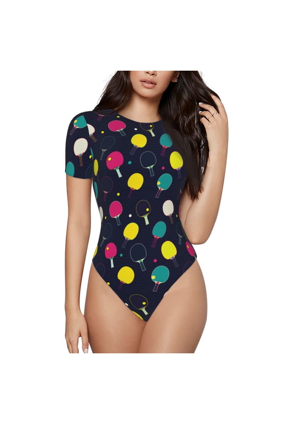 Colorful Ping Pong Rackets Printed Women Rash Guard Short Sleeve,Tummy control Swimsuit Surfing Swimsuit Bathing Suit Short-sleeved Onesie UPF 50+ -Medium
