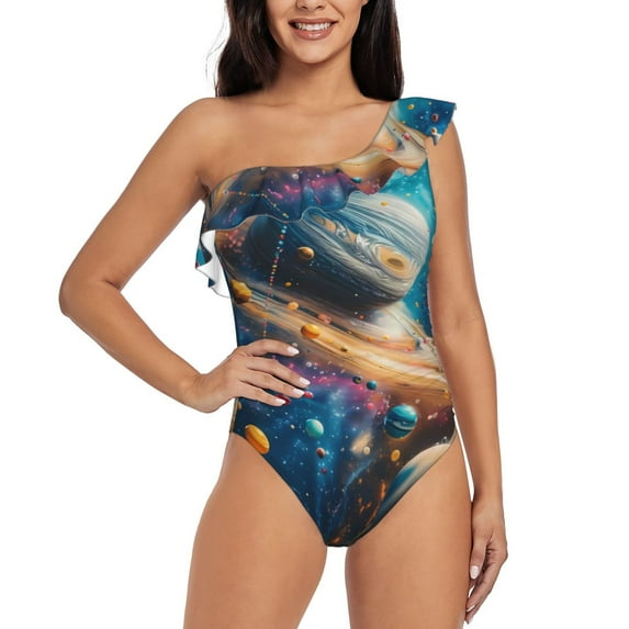 Rateoe Colorful Planet Universe Pattern Women One Piece Swimsuits Tummy Control One Shoulder Bathing Suits Ruffle Swimwear-XX-Large