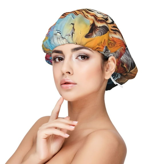 Rateoe Colorful Plant Tiger Pattern Silk Satin Hair Bonnet for Sleeping, Adjustable Sleep Cap Turban for Women , Curly Straight Hair Long Large Braid