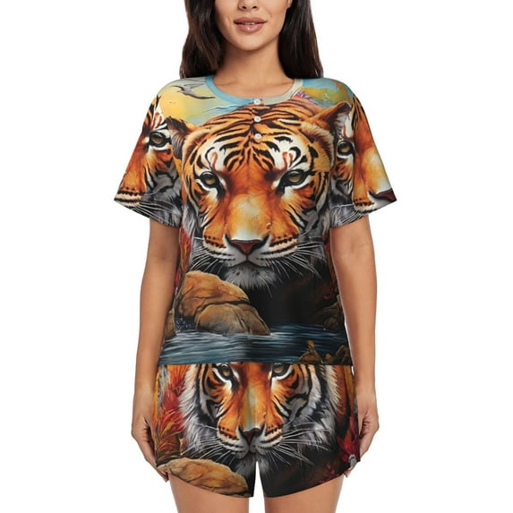 Rateoe Colorful Plant Tiger Pattern Women's Short-Sleeved Pajama Set - 2 Piece Soft and Lightweight Sleepwear Set-XX-Large