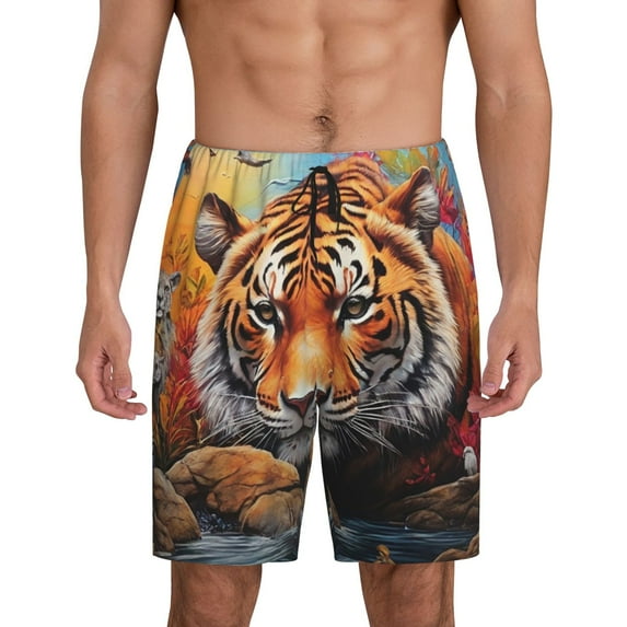 Rateoe Colorful Plant Tiger Print Men's Lounge Shorts – Soft & Breathable Pajama Bottoms with Pockets, Elastic Waistband, Lightweight Sleepwear for Nightwear & Loungewear-3X-Large