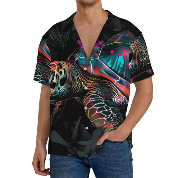 Rateoe Colorful Plant Turtle A Pattern Men's Short Sleeve Classic Shirt, Casual Short-Sleeved Shirt, Lightweight Summer Shirt, Cuban Collar Shirt,Button-Front Shirt-3X-Large