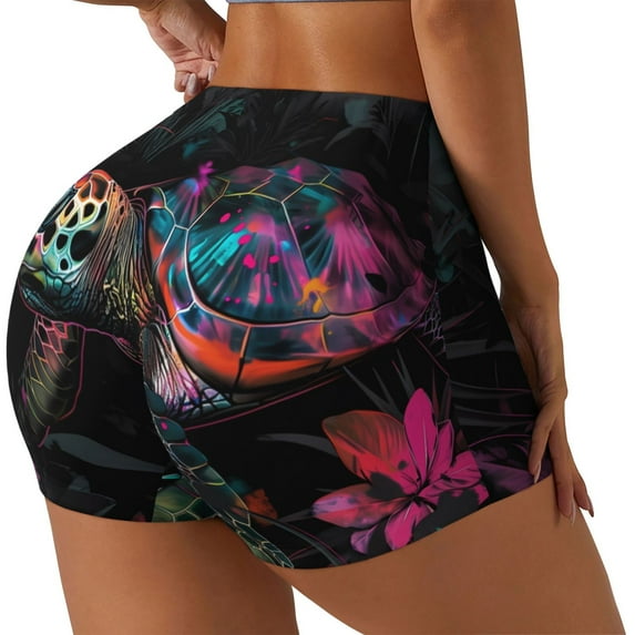Rateoe Colorful Plant Turtle A Printed Power Workout Shorts for Women Tummy Control Squat Proof Ribbed Thick Seamless Scrunch Active Short-X-Large