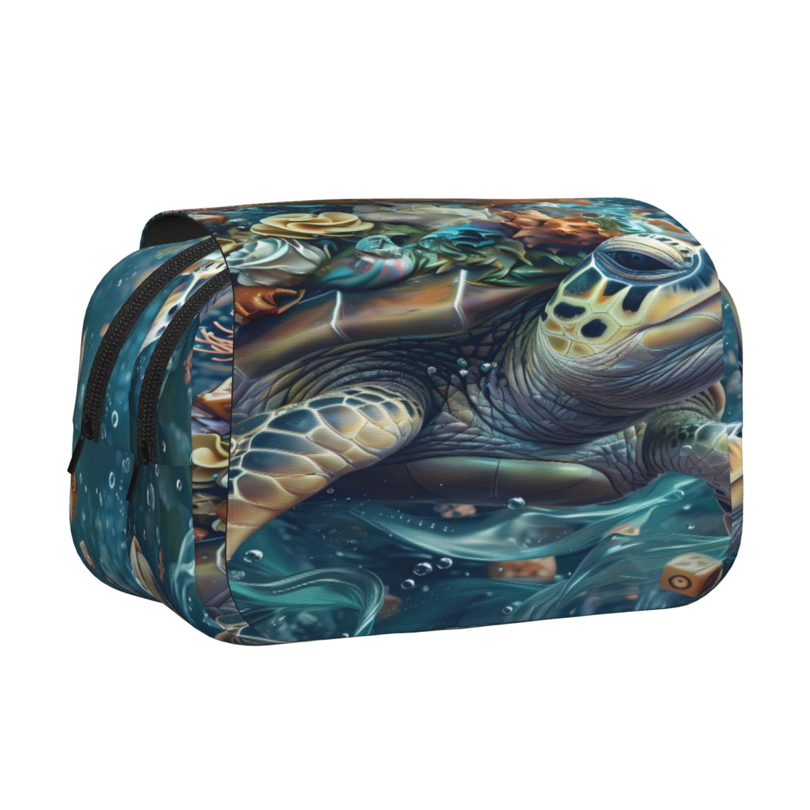 Rateoe Colorful Plant Turtle Pattern Double Clamshell Pen Case, Storage Organizer with Two Zipper Compartments– Holds Up to 50 Pencils & Pens