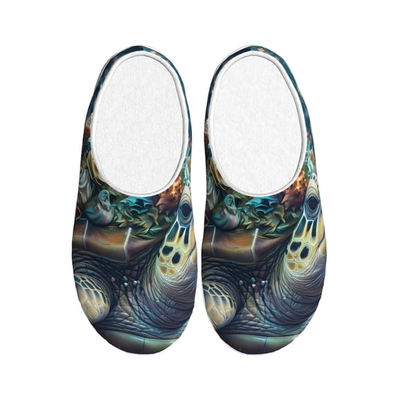 Rateoe Colorful Plant Turtle Print Women's Men's Cotton Knit Slippers Lightweight Memory Foam Indoor House Shoes with Anti-Skid Sole-44/45