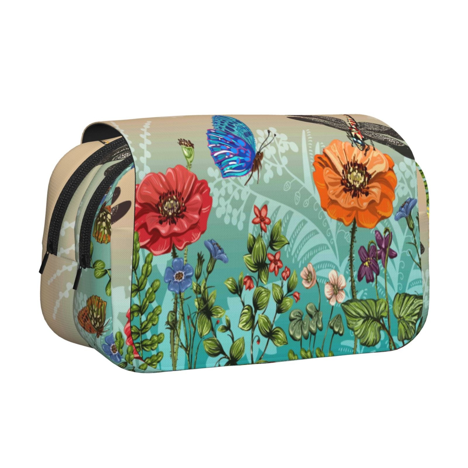 Rateoe Colorful Plants And Insects Pattern Double Clamshell Pen Case, Storage Organizer with Two Zipper Compartments– Holds Up to 50 Pencils & Pens