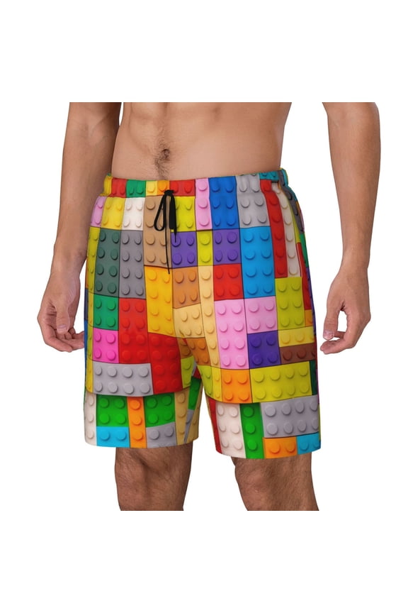 Colorful Plastic Blocks Pattern Pattern Men’s Swim Shorts with Compression Liner – Double-Layered Quick-Dry Swimwear, Comfortable & Stretchy Beach Shorts-Medium