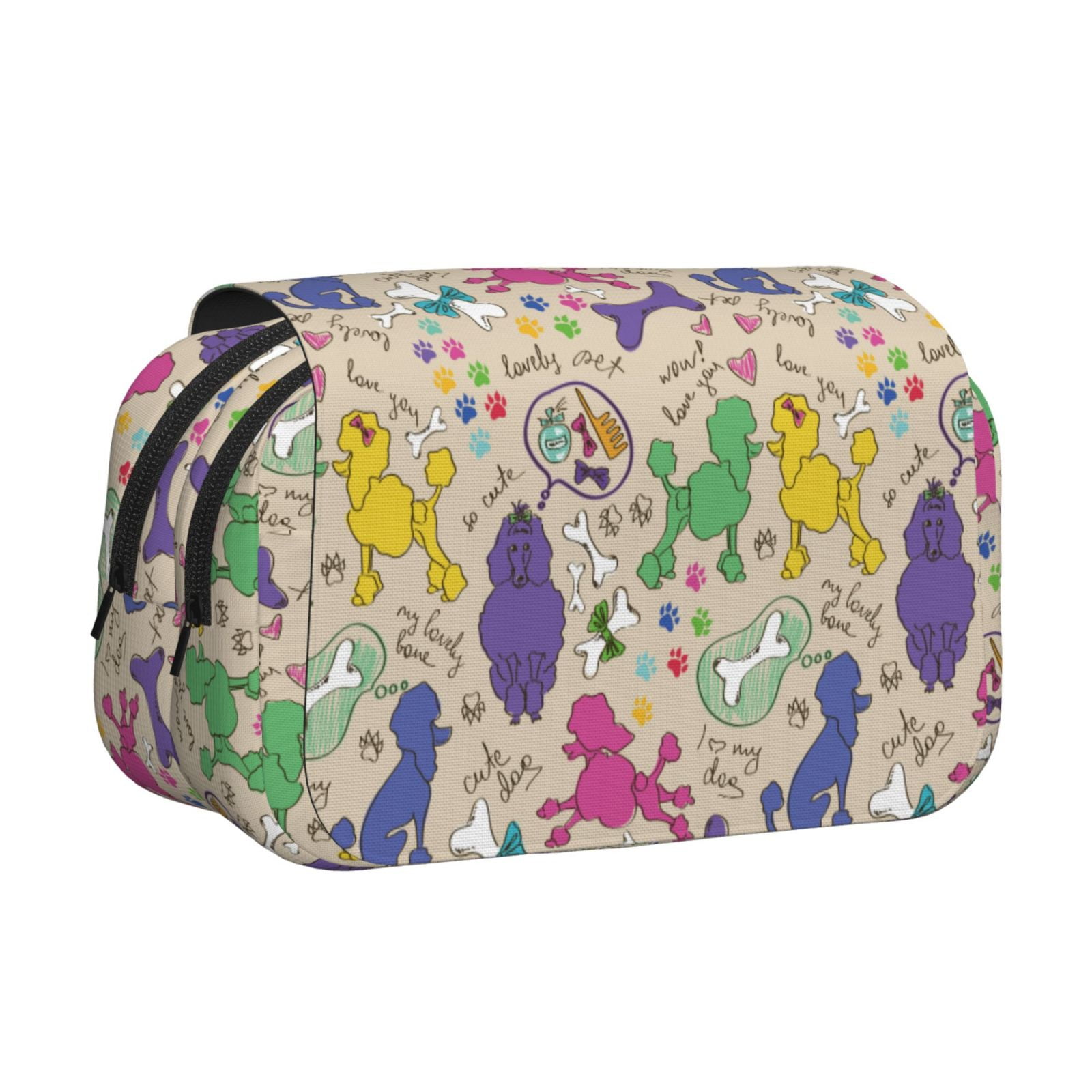 Rateoe Colorful Poodle Dog Pattern Double Clamshell Pen Case, Storage Organizer with Two Zipper Compartments– Holds Up to 50 Pencils & Pens