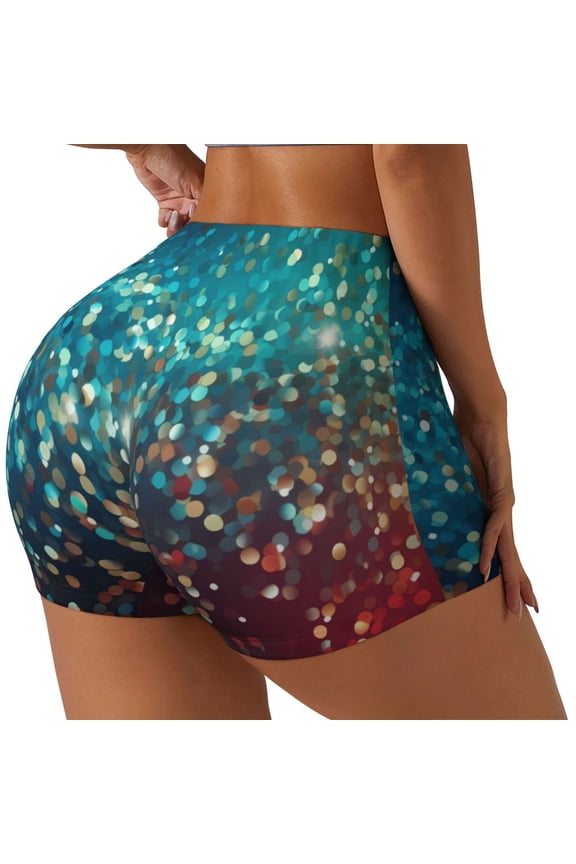 Colorful Rainbow Glitter Printed Power Workout Shorts for Women Tummy Control Squat Proof Ribbed Thick Seamless Scrunch Active Short-Large