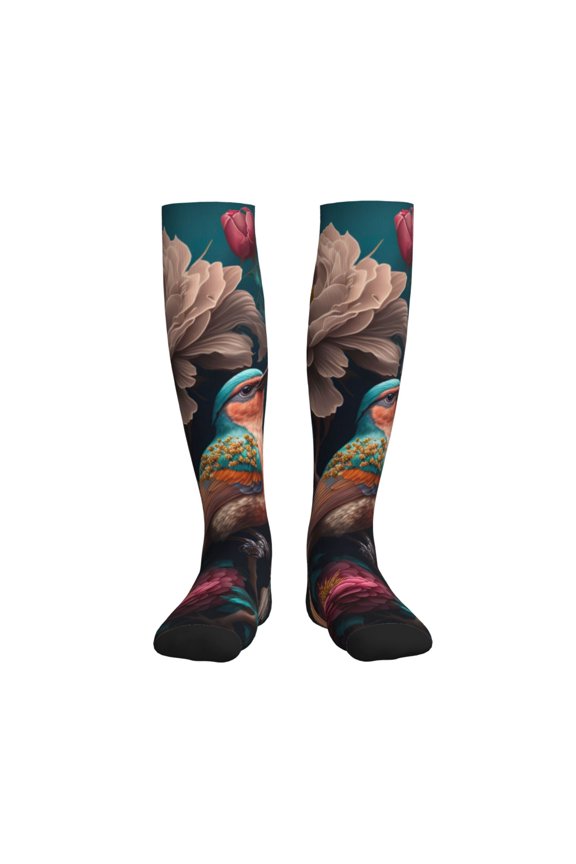Colorful Rose Bird Compression Socks for Women and Men 20-30mmHg-Circulation Support Socks Knee High Nurse Pregnant Running Medical and Travel Athletic