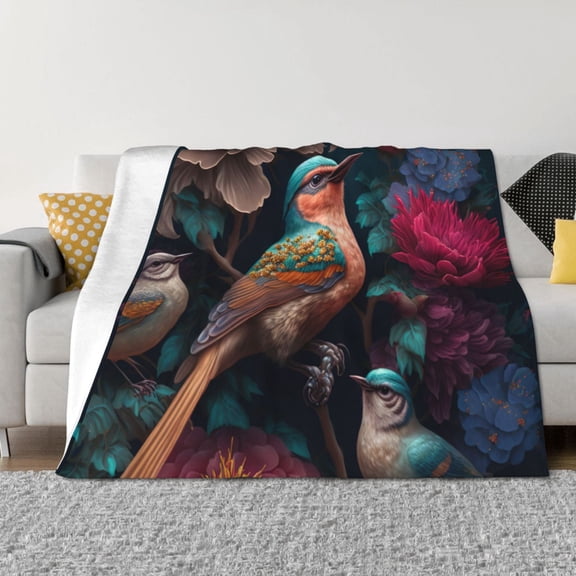 Rateoe Colorful Rose Bird Pattern Flannel Throw Blanket, Ultra-soft Blanket for Bed, Couch, Car, Hypoallergenic Anti-pilling blanket-