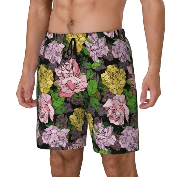 Rateoe Colorful Roses Pattern Men’s Swim Shorts with Compression Liner – Double-Layered Quick-Dry Swimwear, Comfortable & Stretchy Beach Shorts-Large