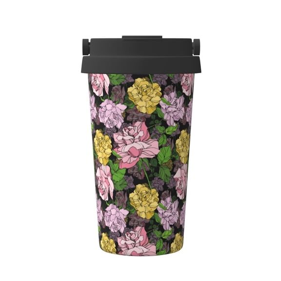 Rateoe Colorful Roses Pattern Travel Coffee Mug Tumbler with Flip Lid | Reusable Insulated Stainless Steel Cold Brew Iced Coffee Cup Thermos