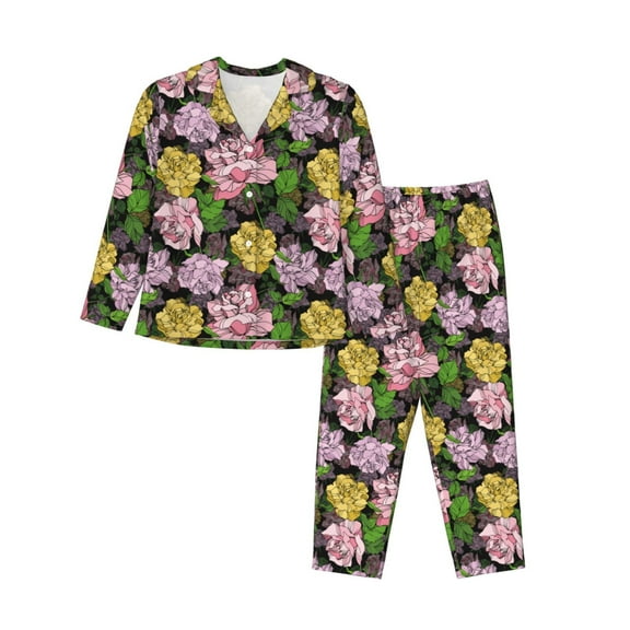 Rateoe Colorful Roses Pattern Womens Pajamas Set Long Sleeve Sleepwear Button Down Nightwear Soft Cotton Pj Lounge Sets