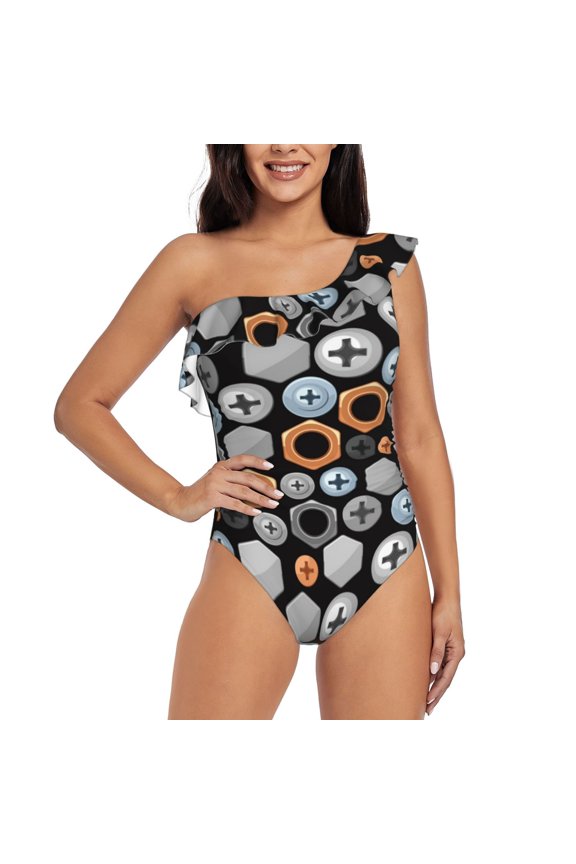 Colorful Screws Pattern Women One Piece Swimsuits Tummy Control One Shoulder Bathing Suits Ruffle Swimwear-
