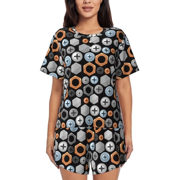 Rateoe Colorful Screws Pattern Women's Short-Sleeved Pajama Set - 2 Piece Soft and Lightweight Sleepwear Set-3X-Large
