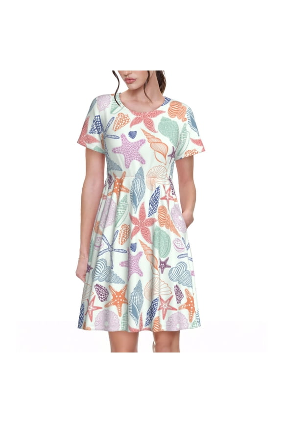 Colorful Seashells Pattern Women’s Short Sleeve Dress – Casual Elegant Summer A-Line Dress for Everyday Wear