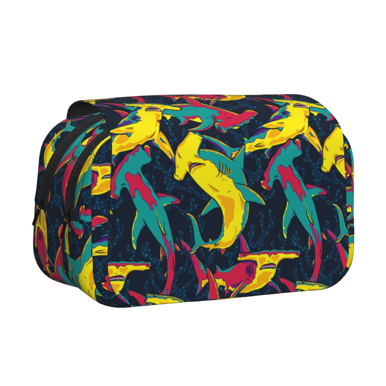Rateoe Colorful Sharks Pattern Double Clamshell Pen Case, Storage Organizer with Two Zipper Compartments– Holds Up to 50 Pencils & Pens