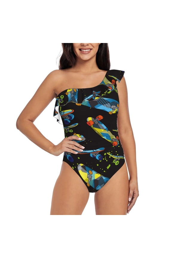 Colorful Skateboard Pattern Women One Piece Swimsuits Tummy Control One Shoulder Bathing Suits Ruffle Swimwear-
