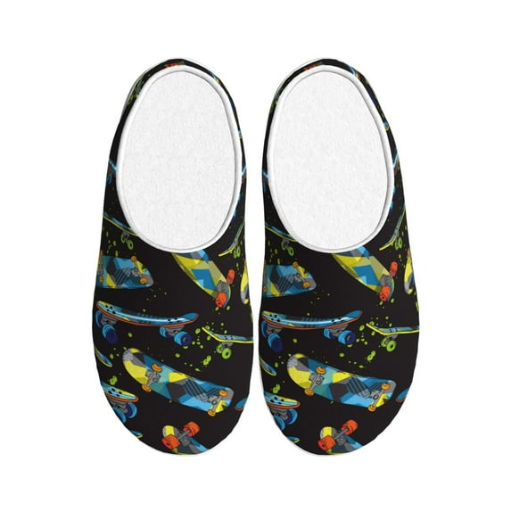 Rateoe Colorful Skateboard Print Women's Men's Cotton Knit Slippers Lightweight Memory Foam Indoor House Shoes with Anti-Skid Sole-46/47