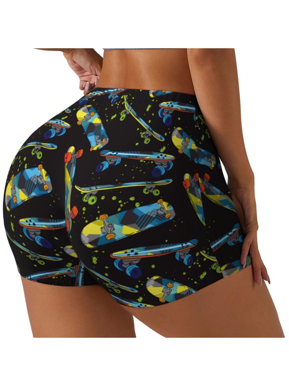 Colorful Skateboard Printed Power Workout Shorts for Women Tummy Control Squat Proof Ribbed Thick Seamless Scrunch Active Short-XX-Large
