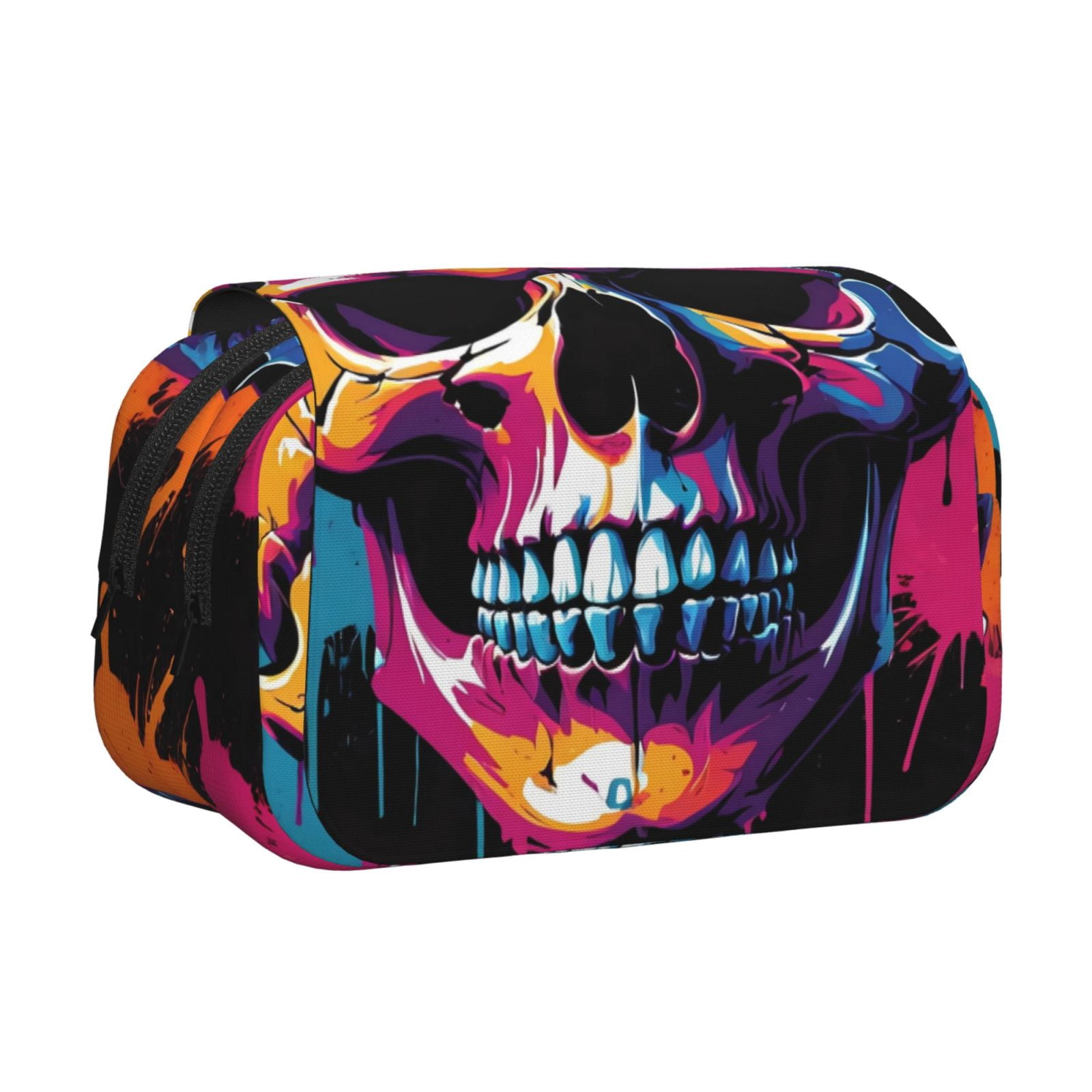 Rateoe Colorful Skull Pattern Double Clamshell Pen Case, Storage Organizer with Two Zipper Compartments– Holds Up to 50 Pencils & Pens