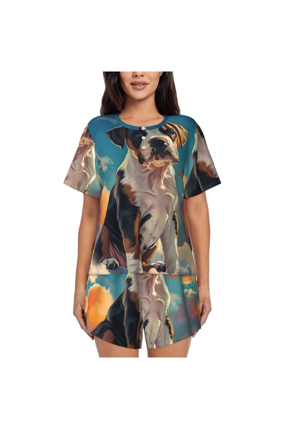 Colorful Sky Puppy for 2 Piece Short Sleeves Pajama Sets Casual Lounge Sleepwear Ladies Pjs Sets with Pocket-Medium