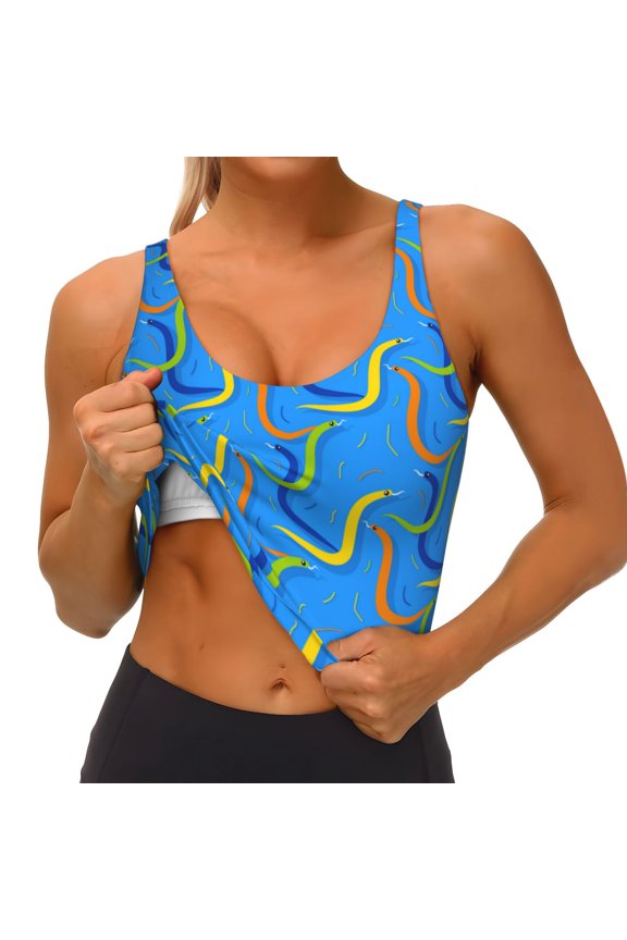 Colorful Snake Print Womens' Sports Bras Scoop Neck Sports Vest- Padded U Back Seamless High Impact Support