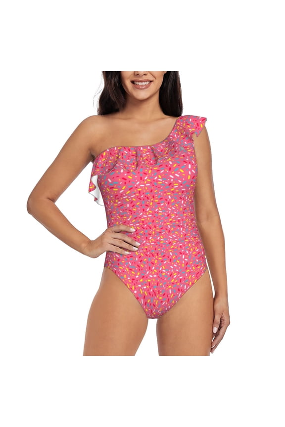 Colorful Sprinkles Donuts Pattern Women One Piece Swimsuits Tummy Control One Shoulder Bathing Suits Ruffle Swimwear-Large