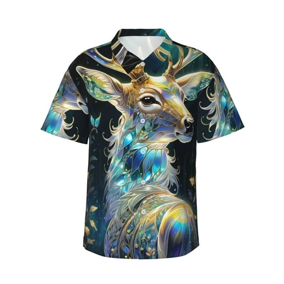 Rateoe Colorful Stained Glass Deer Pattern Men’s Hawaiian Shirt – Short Sleeve Button-Down Tropical Beach Shirt, Lightweight & Breathable Casual Aloha Shirt with Pocket,XX-Large