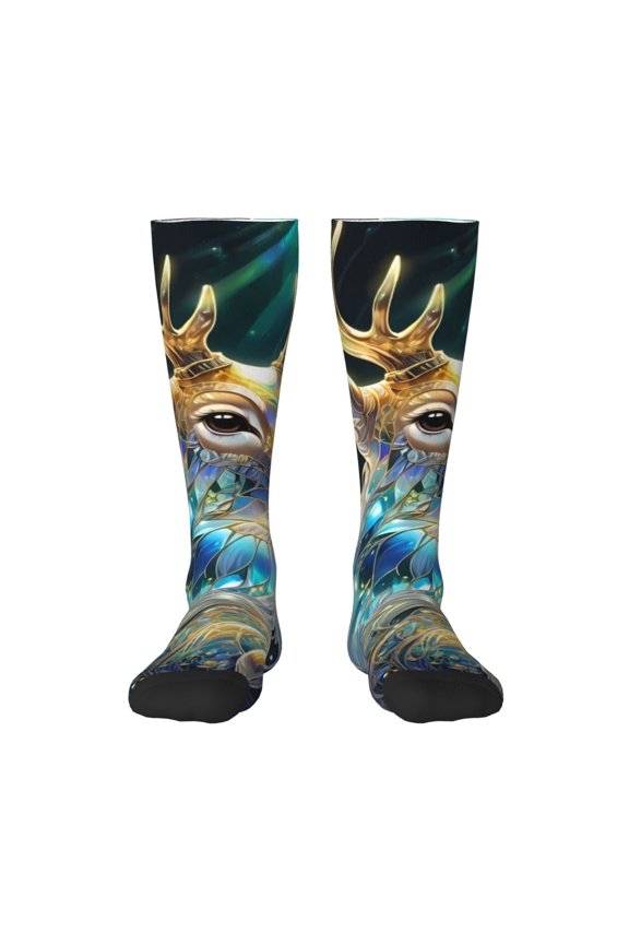 Colorful Stained Glass Deer Pattern Women’s Knee High Crew Socks,Trouser Socks Comfortable, Breathable, Moisture-Wicking and Soft