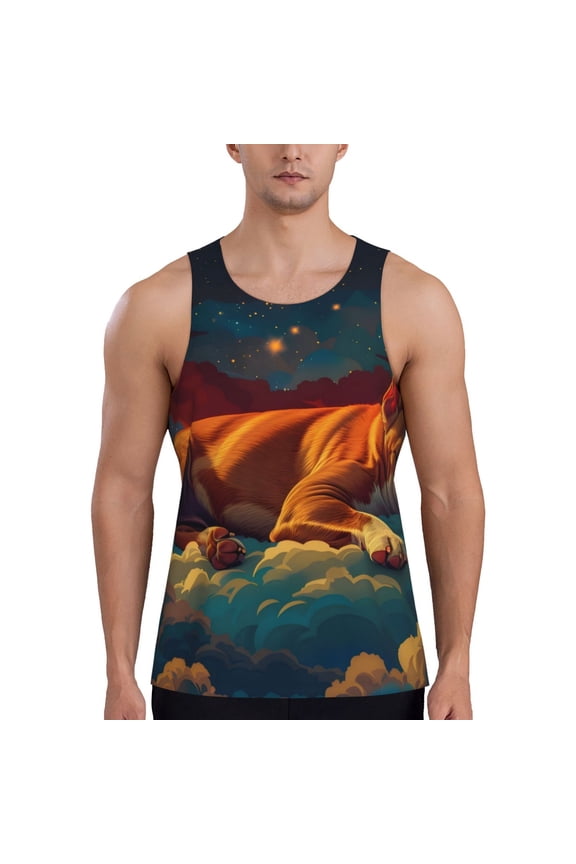 Colorful Starry Sky Sleep Dog Pattern Sleeveless Gym Shirt Muscle Tee Breathable Workout Shirt Slim-Fit Tank Quick Dry Fit Muscle Tank Top Bodybuilding Sleeveless T Shirt-Medium