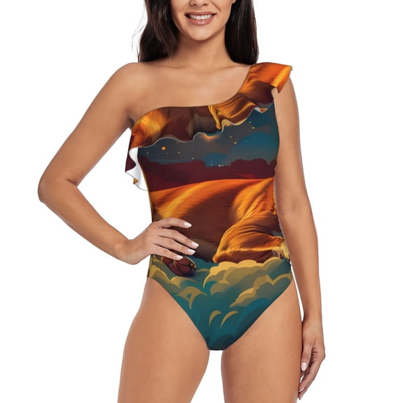 Rateoe Colorful Starry Sky Sleep Dog Pattern Women One Piece Swimsuits Tummy Control One Shoulder Bathing Suits Ruffle Swimwear-