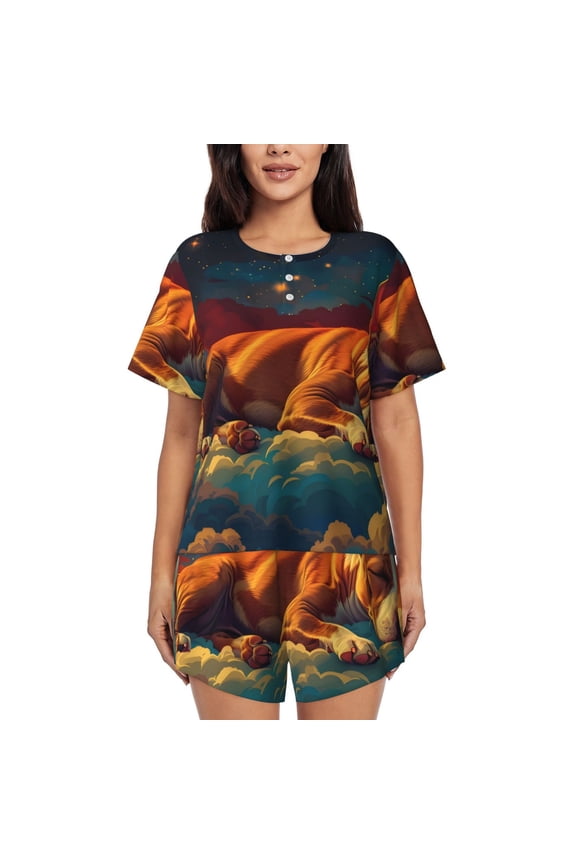 Colorful Starry Sky Sleep Dog for 2 Piece Short Sleeves Pajama Sets Casual Lounge Sleepwear Ladies Pjs Sets with Pocket-Medium