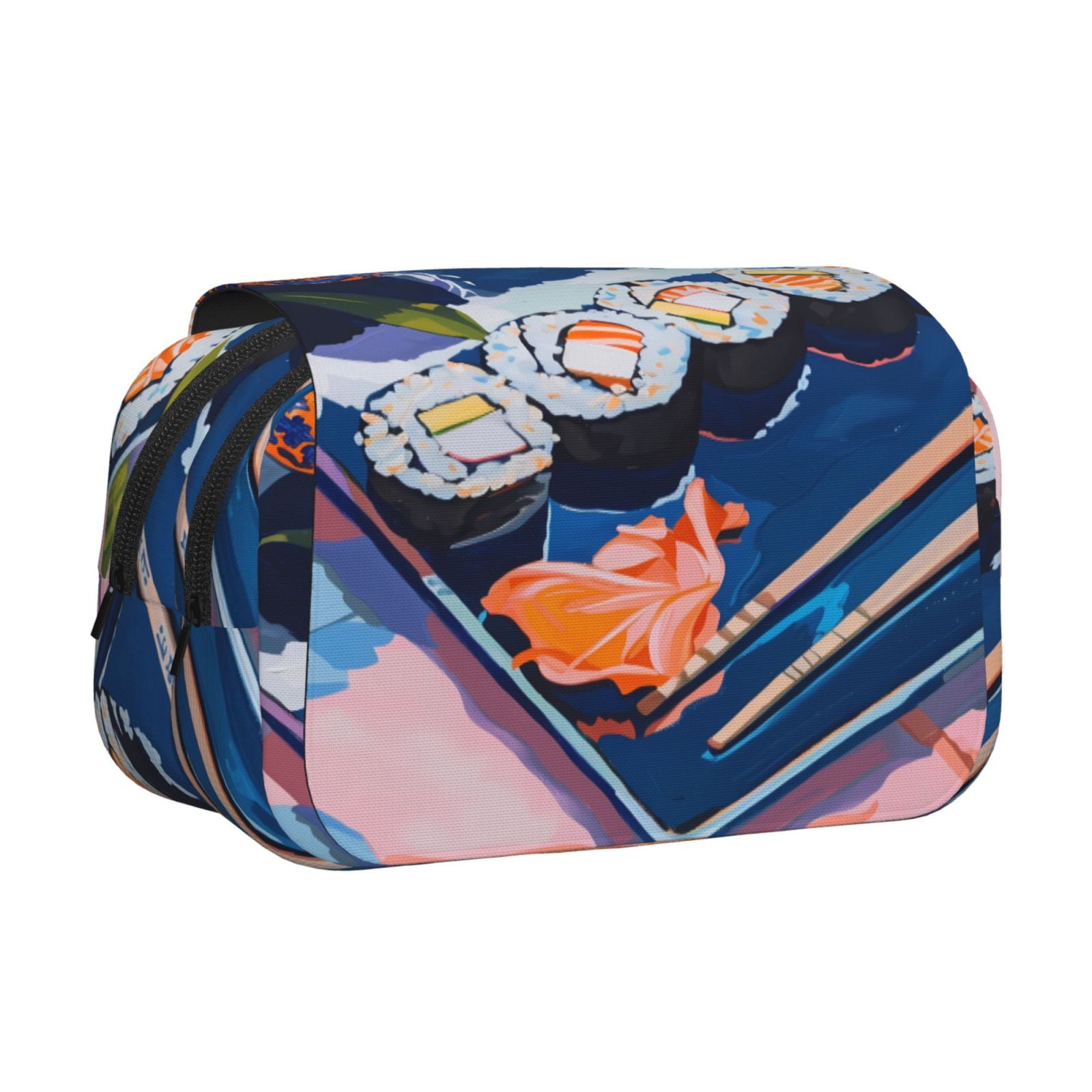 Rateoe Colorful Sushi Food Art Pattern Double Clamshell Pen Case, Storage Organizer with Two Zipper Compartments– Holds Up to 50 Pencils & Pens