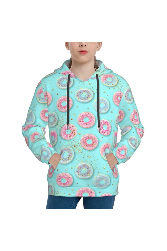 Colorful Sweet Donuts Pattern Boys Hoodie, Youth Pullover Hooded Sweatshirt, Kangaroo Pocket Hoodie for Kids-Large