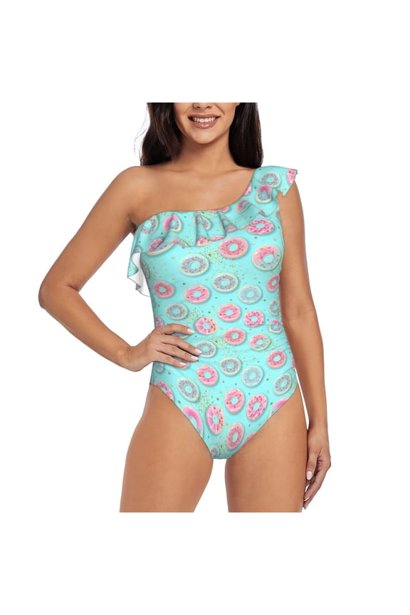 Colorful Sweet Donuts Pattern Women One Piece Swimsuits Tummy Control One Shoulder Bathing Suits Ruffle Swimwear-