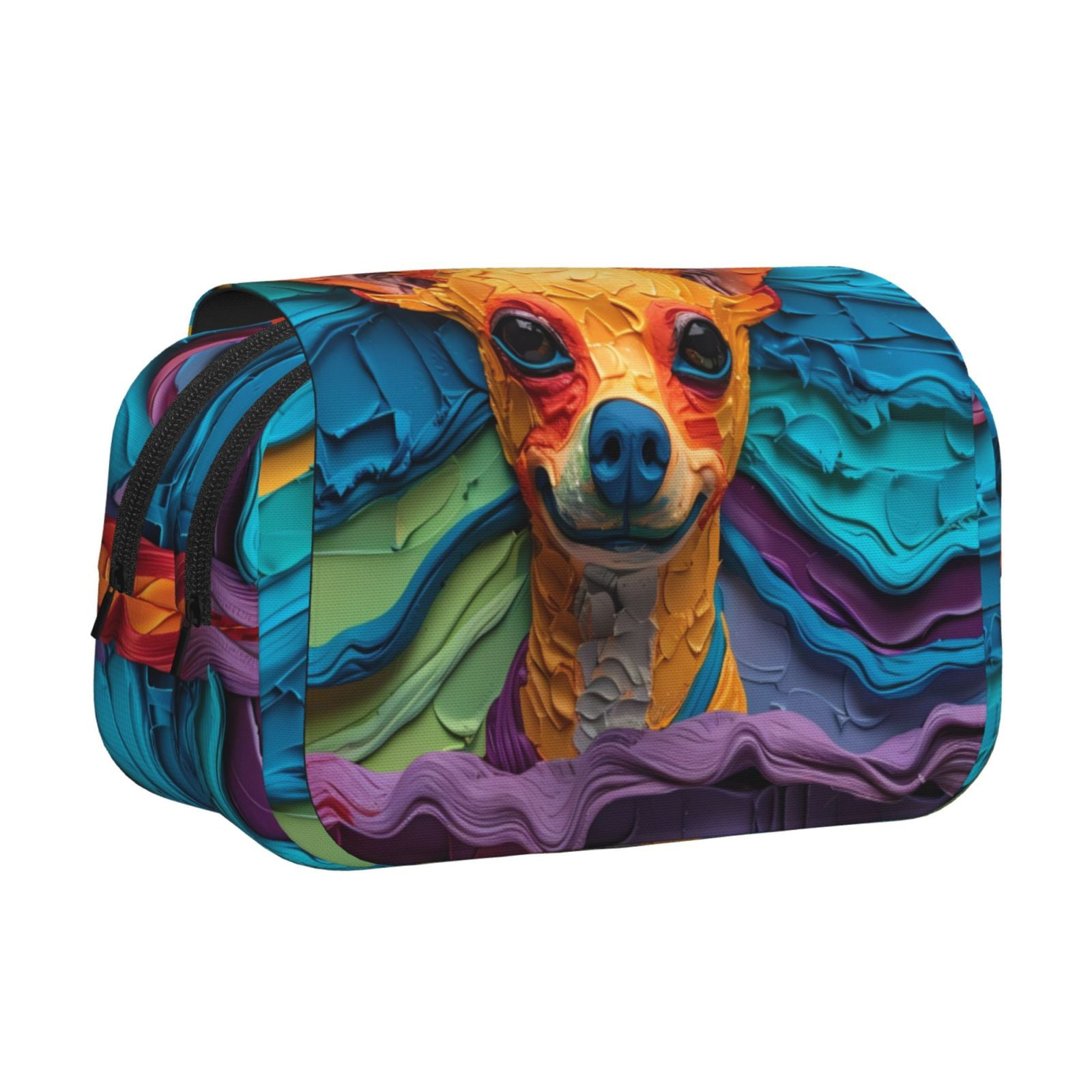 Rateoe Colorful Textured Chihuahua Pattern Double Clamshell Pen Case, Storage Organizer with Two Zipper Compartments– Holds Up to 50 Pencils & Pens
