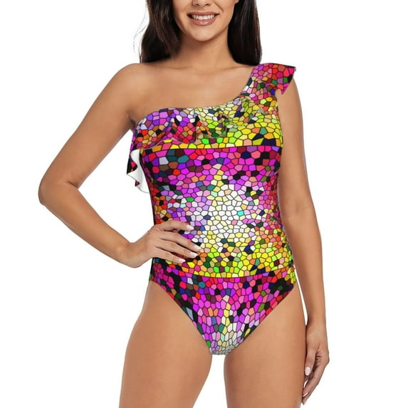 Rateoe Colorful Tie Dye Stained Glass 3 Pattern Women One Piece Swimsuits Tummy Control One Shoulder Bathing Suits Ruffle Swimwear-XX-Large