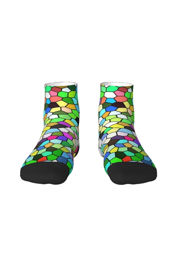 Colorful Tie Dye Stained Glass Pattern Quarter Crew Socks,Toe Seamed Ankle Socks,Cotton Cushioned Breathable Athletic Crew Sports Socks