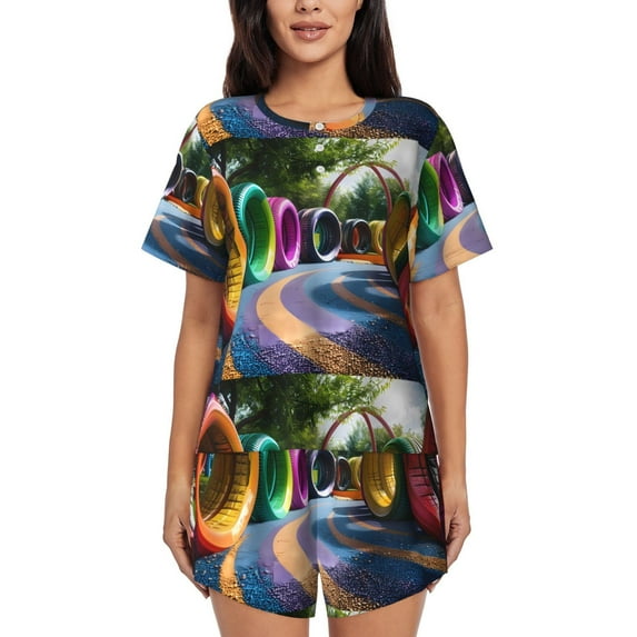Rateoe Colorful Tire Tunnel Park Pattern Women's Short-Sleeved Pajama Set - 2 Piece Soft and Lightweight Sleepwear Set-XX-Large