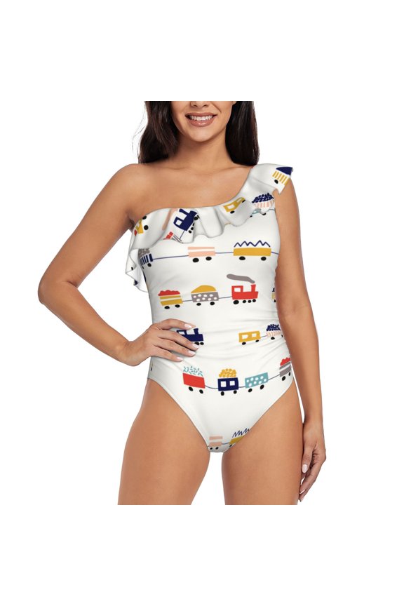 Colorful Trains Pattern Women One Piece Swimsuits Tummy Control One Shoulder Bathing Suits Ruffle Swimwear-Small