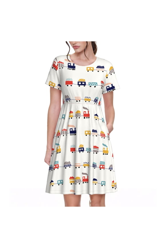 Colorful Trains Pattern Women’s Short Sleeve Dress – Casual Elegant Summer A-Line Dress for Everyday Wear