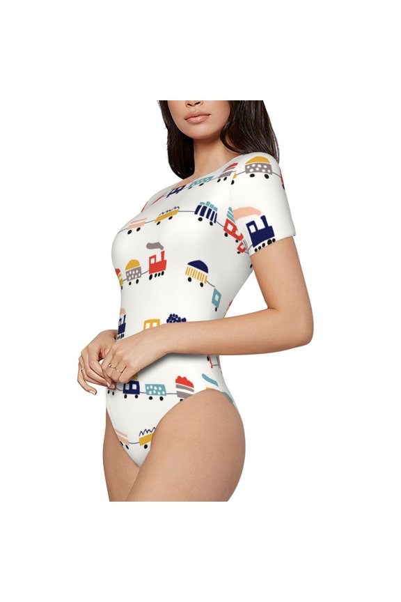 Colorful Trains Printed Women Rash Guard Short Sleeve,Tummy control Swimsuit Surfing Swimsuit Bathing Suit Short-sleeved Onesie UPF 50+