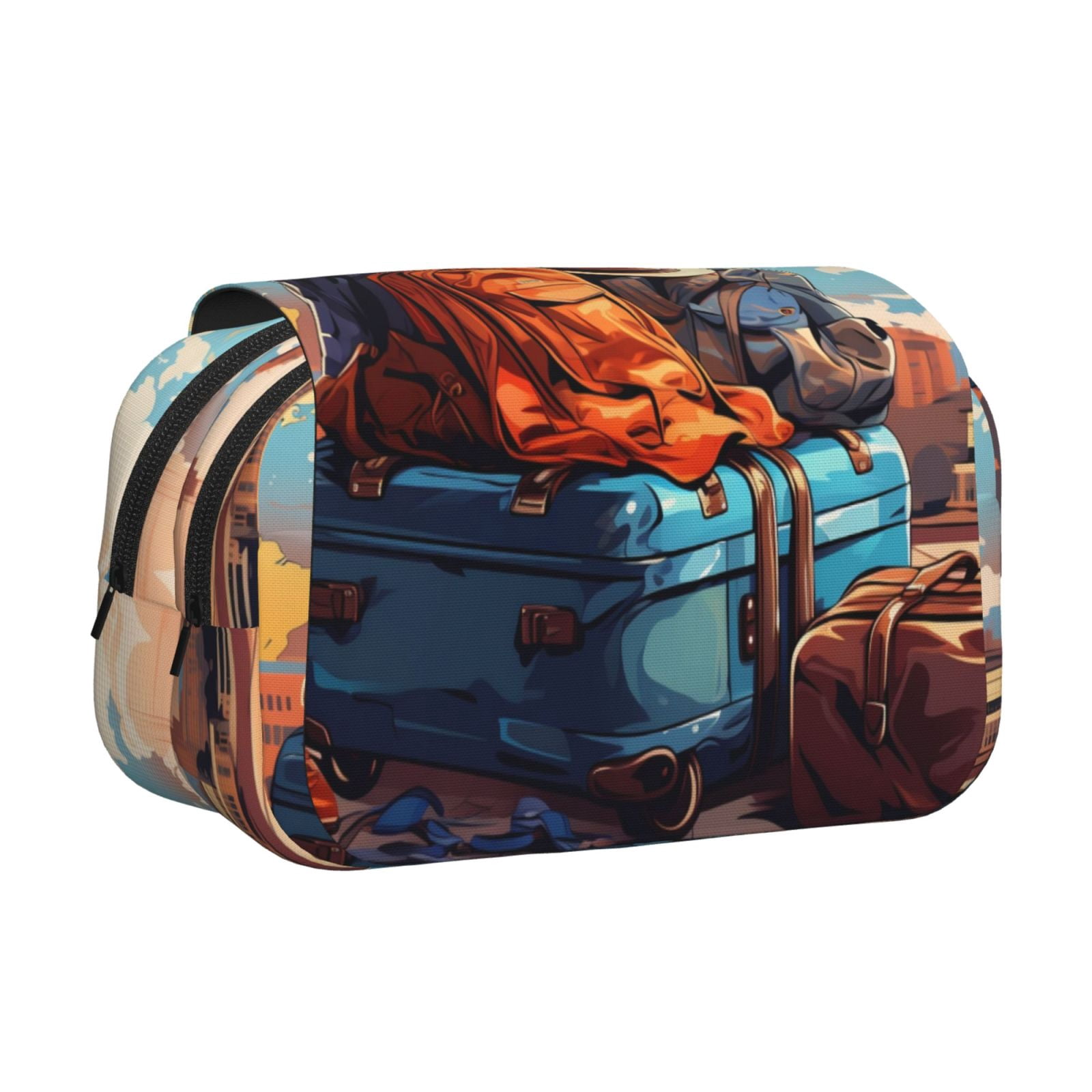 Rateoe Colorful Travel Luggage Gear Pattern Double Clamshell Pen Case, Storage Organizer with Two Zipper Compartments– Holds Up to 50 Pencils & Pens