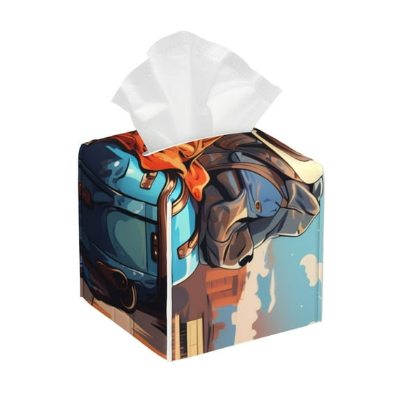 Rateoe Colorful Travel Luggage Gear Pattern Tissue Box Cover, Modern Square Decorative Leather Facial Paper Case Organizer Holder Dispenser 5X5X5''