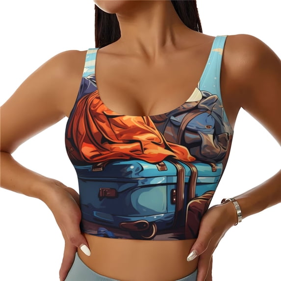 Rateoe Colorful Travel Luggage Gear Print Womens' Sports Bras Scoop Neck Sports Vest- Padded U Back Seamless High Impact Support-
