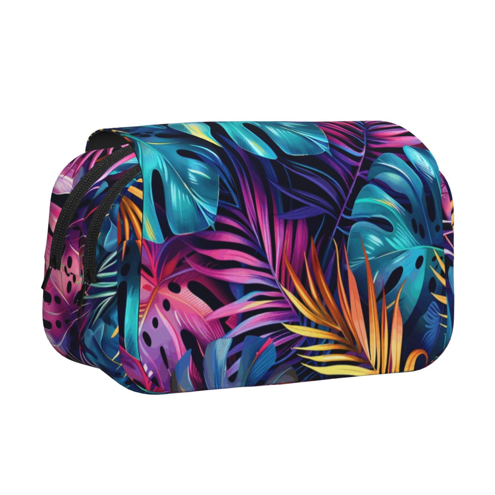 Rateoe Colorful Tropical Leaves Pattern Double Clamshell Pen Case, Storage Organizer with Two Zipper Compartments– Holds Up to 50 Pencils & Pens